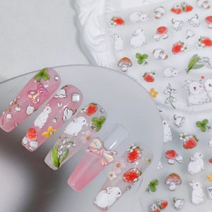 Pink Erdbeer Hase Prägemuster Design Nagel Deko Aufkleber | Nagel DIY | 5D selbstklebender Nagelsticker