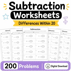 May include: A set of subtraction worksheets with the title Subtraction Worksheets Differences Within 20. The pages feature math problems with blank boxes for answers, labeled with Name and Date fields. The bottom banner states 200 Problems Digital Download.