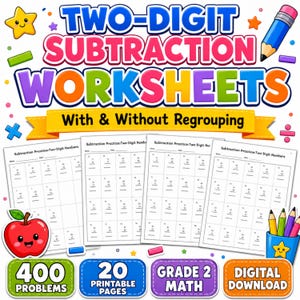 May include: A set of two-digit subtraction worksheets with and without regrouping, featuring the text "TWO-DIGIT SUBTRACTION WORKSHEETS" in large colorful letters, a smiling apple, a pencil, and labels for 400 problems and 20 printable pages.