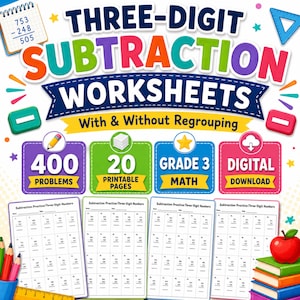 May include: A digital download of three-digit subtraction worksheets featuring colourful text and graphics. The set includes 400 maths problems across 20 printable pages for grade 3 students, with practice sheets showing subtraction equations and a red apple.