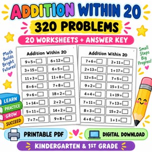 Può includere: Una risorsa educativa digitale intitolata Addition Within 20 che contiene 320 problemi su 20 fogli di lavoro con chiave di risposta. Il design include testo colorato, una pila di quattro libri etichettati Learn, Practice, Grow, Succeed e una matita sorridente.