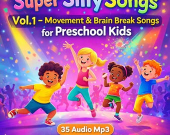 May include: A digital download cover for "Super Silly Songs Vol. 1" featuring four animated children dancing. The title is in bright colors, with text indicating movement and brain break songs for preschoolers. Includes "35 Audio Mp3" and "MP3 Digital Download" text.