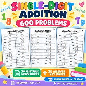 May include: A set of 30 printable single-digit addition worksheets and 30 answer key pages for kindergarten and 1st grade. The document is in US Letter 21.59 cm by 27.94 cm format. The pages feature math problems with boxes for writing sums.
