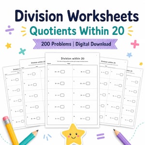 Division Worksheets Quotients Within 20 | 200 Basic Division Facts Printable PDF | 20 Pages Math Practice | Digital Download