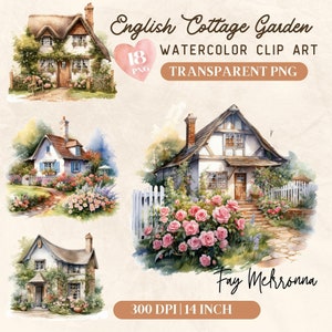 18 English Cottages Clipart, Watercolour Clipart, Cottagecore png bundle, Cottages sublimation, Charming Country Cottages Commercial Use
