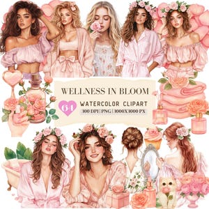 Aquarel Wellness in Bloom clipartbundel, Rose ontspannen romantische lente zomer illustraties PNG Self Care Spa, Retreat Me Time commercieel gebruik