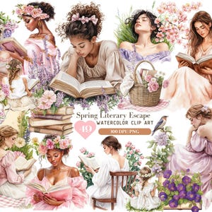 Paquete de imágenes prediseñadas de escape literario de primavera en acuarela, imágenes prediseñadas PNG de niña leyendo, amante de los libros de primavera, imágenes prediseñadas de floración de flores, calcomanía de descarga digital