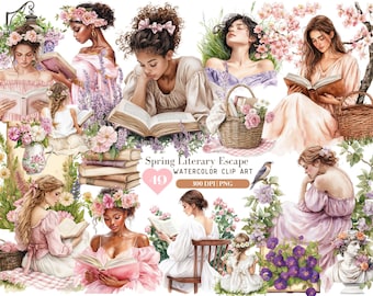 Watercolor Spring Literary Escape Clipart Bundle, Reading girl ClipArt PNG, Spring Book Lover, Flower Bloom Clipart, DigitalDownload Sticker