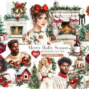 Akwarela Boże Narodzenie Clipart, Wesoły Holly Sezon Xmas Clip Art, Prezenty świąteczne Grafika PNG, Holiday Clipart, Obrazy Xmas, Pobieranie cyfrowe