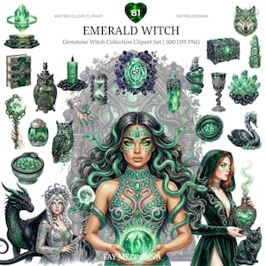 May include: Watercolor clipart set titled "Emerald Witch" featuring various emerald green gemstone-themed illustrations. Includes a woman with snake-like hair, a dragon, an owl, crystals, and other mystical elements. The text "Gemstone Witch Collection Clipart Set | 300 DPI PNG" is also visible.