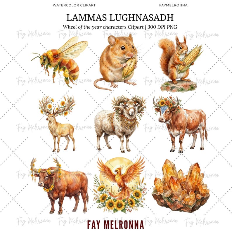May include: Watercolor clipart featuring various animals and objects, including a bee, mouse, squirrel, deer, ram, cow, bull, phoenix, and crystals. The text "LAMMAS LUGHNASADH" and "Wheel of the year characters Clipart" is visible.