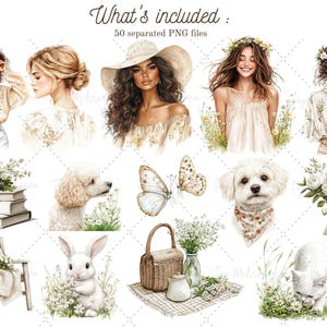 May include: A digital illustration set featuring a variety of images, including women, animals, flowers, and home decor items. The images are all in a watercolor style and feature a soft, romantic color palette. The set includes 50 separate PNG files.