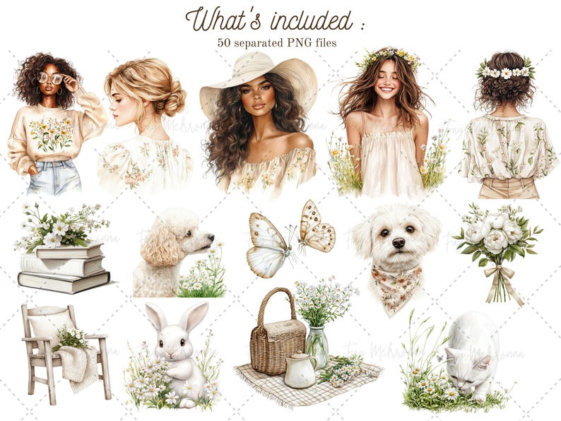 May include: A digital illustration set featuring a variety of images, including women, animals, flowers, and home decor items. The images are all in a watercolor style and feature a soft, romantic color palette. The set includes 50 separate PNG files.