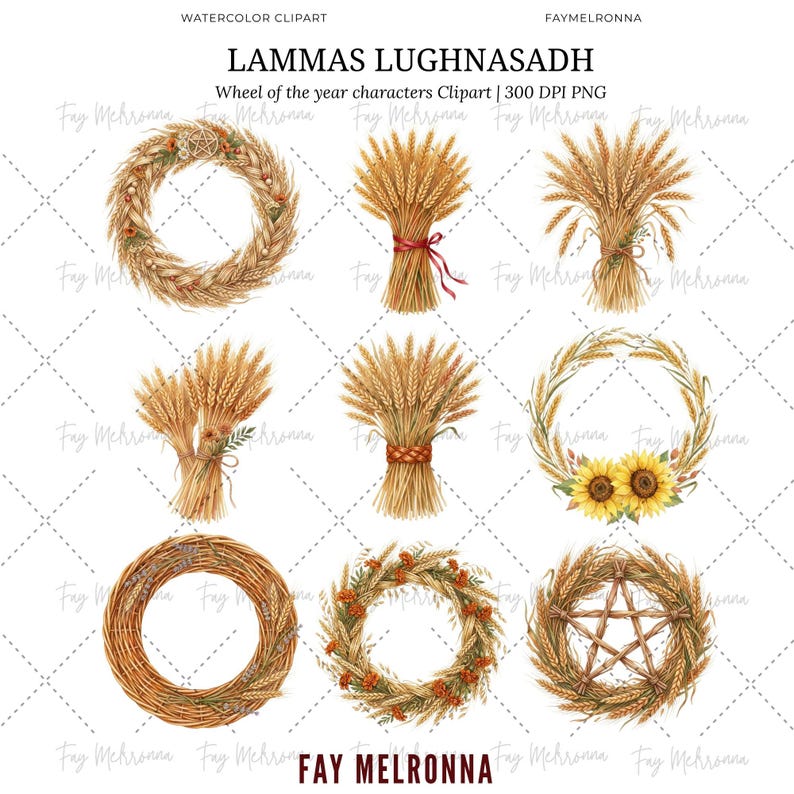 May include: Watercolor clipart of Lammas Lughnasadh designs. The image shows illustrations of wheat bundles and wreaths, some decorated with berries, sunflowers, and a star. The text "Wheel of the year characters Clipart" is visible.