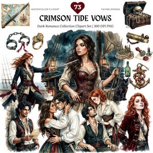 May include: Watercolor clipart set titled "Crimson Tide Vows" featuring dark romance themes. The image includes illustrations of pirates, a treasure chest, a map, a sword, and a ship. The color palette is dominated by reds, browns, and blues.
