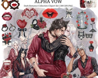 Alpha Vow Watercolor Clipart | Vampire x Werewolf | Enemies to Lovers Fantasy Dark Romance Love PNG | Smutty Book Club Spicy Lover Valentine