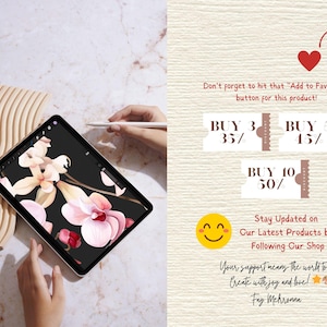 Puede incluir: Una ilustraci&oacute;n digital de orqu&iacute;deas rosas sobre un fondo negro que se muestra en una tableta. La imagen est&aacute; acompa&ntilde;ada de texto que dice "&iexcl;No olvides presionar "Agregar a favoritos" para este producto!" y "COMPRAR 3 35%", "COMPRAR 5 45%", "COMPRAR 10 50%". El texto tambi&eacute;n incluye "Mantente actualizado sobre nuestros &uacute;ltimos productos siguiendo nuestra tienda" y "Tu apoyo significa el mundo para m&iacute;. &iexcl;Crea con alegr&iacute;a y amor! Fay Mehronna".