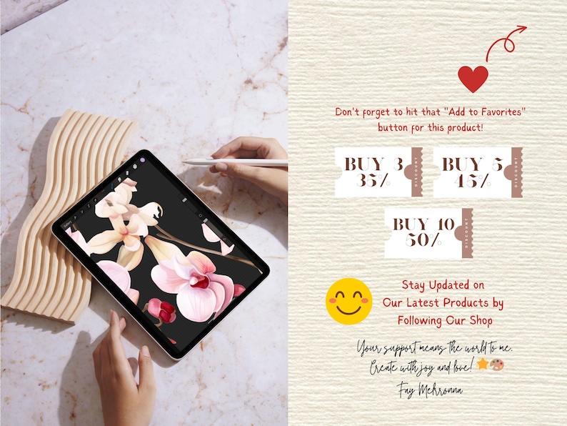 Puede incluir: Una ilustraci&oacute;n digital de orqu&iacute;deas rosas sobre un fondo negro que se muestra en una tableta. La imagen est&aacute; acompa&ntilde;ada de texto que dice "&iexcl;No olvides presionar "Agregar a favoritos" para este producto!" y "COMPRAR 3 35%", "COMPRAR 5 45%", "COMPRAR 10 50%". El texto tambi&eacute;n incluye "Mantente actualizado sobre nuestros &uacute;ltimos productos siguiendo nuestra tienda" y "Tu apoyo significa el mundo para m&iacute;. &iexcl;Crea con alegr&iacute;a y amor! Fay Mehronna".