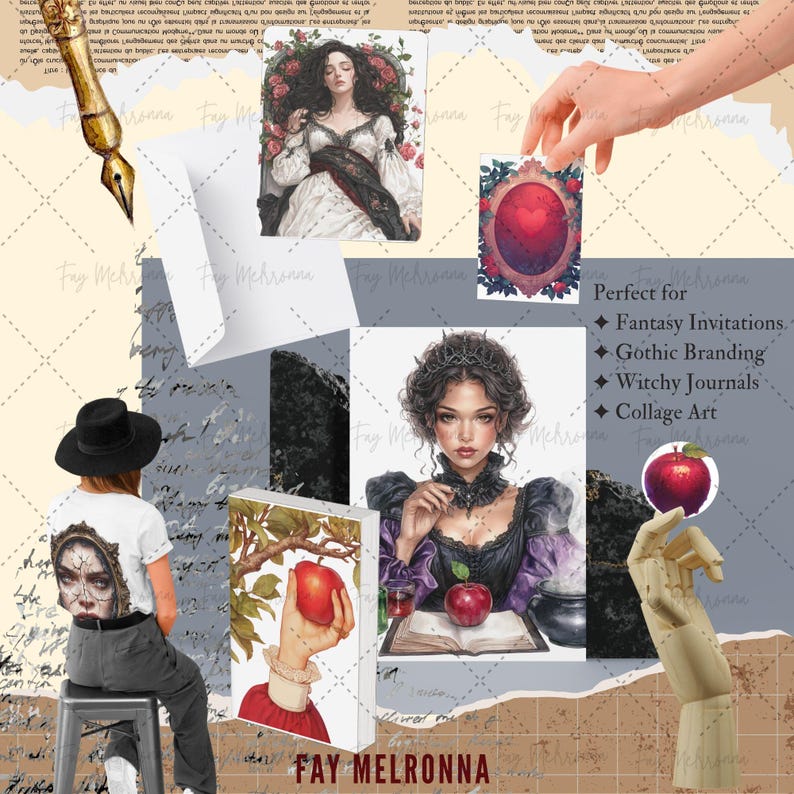 Akvarell Snövit Clipart, Mörk Gotisk Fantasy PNG Bundle, Mörk Saga, Gift Alkemi Häxa, Ond Drottning, Mörk Academia Halloween bild 6