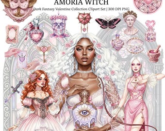 Può includere: Set di clipart digitali "Amoria Witch" a tema fantasy oscuro. Le illustrazioni includono donne, bottiglie di profumo e un candelabro a forma di teschio. La combinazione di colori è prevalentemente rosa, bianco e viola.
