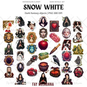 Akvarell Snövit Clipart, Mörk Gotisk Fantasy PNG Bundle, Mörk Saga, Gift Alkemi Häxa, Ond Drottning, Mörk Academia Halloween bild 4