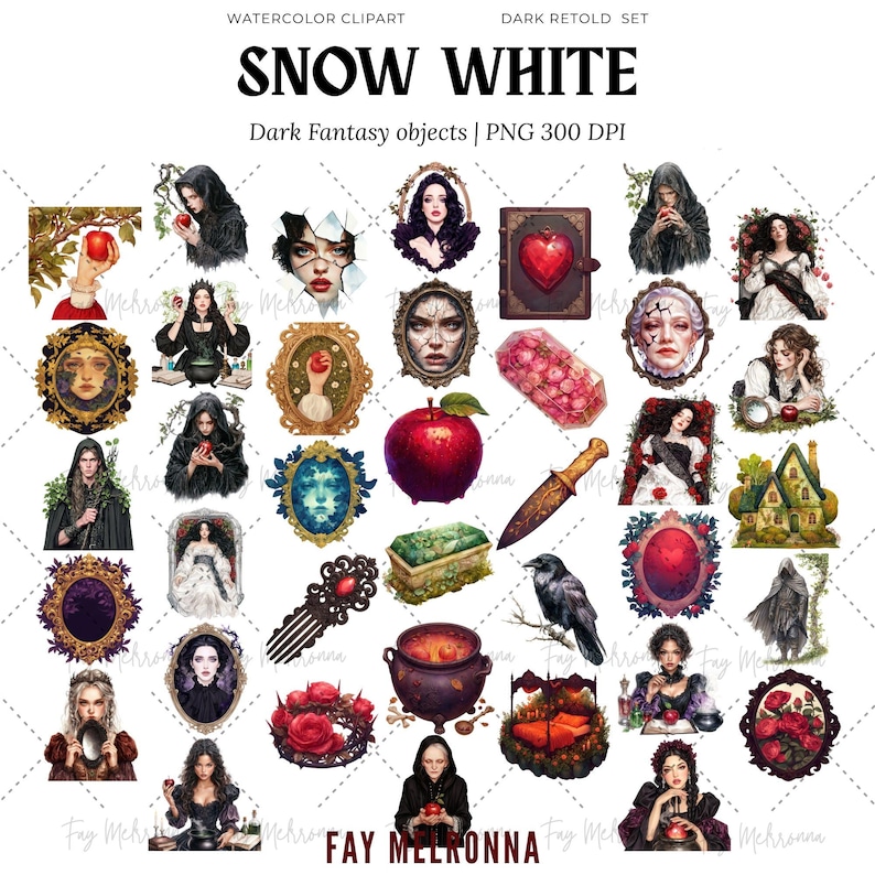 Akvarell Snövit Clipart, Mörk Gotisk Fantasy PNG Bundle, Mörk Saga, Gift Alkemi Häxa, Ond Drottning, Mörk Academia Halloween bild 4