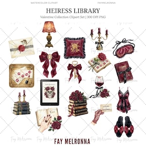 May include: Watercolor clipart set titled "HEIRESS LIBRARY" with various Valentine's Day themed illustrations. Includes a lamp, pillow, candles, bow, key, book, wine glass, lingerie, and slippers. The color palette features burgundy, gold, and black accents.