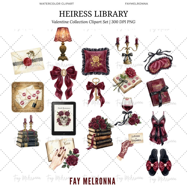 May include: Watercolor clipart set titled "HEIRESS LIBRARY" with various Valentine's Day themed illustrations. Includes a lamp, pillow, candles, bow, key, book, wine glass, lingerie, and slippers. The color palette features burgundy, gold, and black accents.