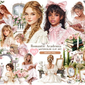 Aquarel Romantic Academia clipart-bundel, pastel ClipArt PNG, boek PNG, Bookworm, Light Academia, boekhandels, boekenkasten, commercieel gebruik