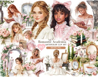 May include: Watercolor clip art set featuring 80 images of girls in vintage dresses, books, flowers, and other romantic academia elements. The set includes a variety of poses and expressions, perfect for creating invitations, cards, and other projects.
