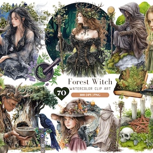 Clipart de bruxa da floresta em aquarela, bruxa gótica PNG, boticário de ervas, bruxa verde, Halloween, adesivo Wicca, botânico, floresta mística
