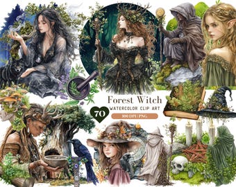 Watercolor Forest Witch Clipart, Gothic Witch PNG, Herbal Apothecary, Green Witch, Halloween, Wicca Sticker, Botanical, Mystical Forest