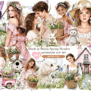 Pacchetto prato primaverile con fiori ad acquerello, ClipArt primaverile PNG, Cottage Spring Love Couple, Clipart giardino fiorito rosa, Adesivo download digitale