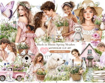 Watercolor Bloom Spring Meadow Bundle, Spring ClipArt PNG , Cottage Spring Love Couple, pink flower garden Clipart, Digital Download Sticker