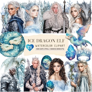 Clipart di elfo drago di ghiaccio ad acquerello, nucleo di drago gotico, grafica PNG di cavaliere regina azzurra invernale e neve ghiacciata, strega drago di Halloween, download digitale