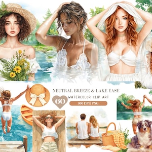 Aquarell Neutral Breeze Lake Ease, Sommer See Clipart, Cozy Cottagecore Grafik, Feiertag saisonale Ferien schönes Mädchen digitaler Aufkleber