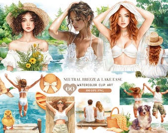 Watercolor Neutral Breeze Lake Ease, Summer Lake Clipart, Cozy Cottagecore graphic, holiday seasonal vacation beautiful girl digital sticker