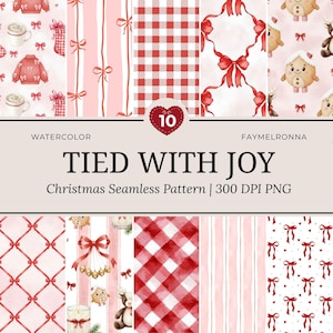Puede incluir: Una colección de patrones navideños acuarelados sin costuras en tonos rojos y rosas. Los patrones incluyen lazos, rayas, cuadros y ilustraciones festivas. Se muestra el texto "TIED WITH JOY", junto con "Christmas Seamless Pattern | 300 DPI PNG".