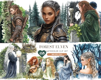 May include: A digital illustration set of 65 watercolour clip art images featuring forest elves. The images are 300 DPI PNG files. The set includes images of elves in various poses, including a female elf warrior in armour, a female elf playing a lute, a female elf with long flowing hair, and a male elf with a bow and arrow. The images are set against a backdrop of lush green forest foliage.