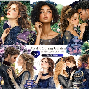 Paquete de imágenes prediseñadas de jardín de primavera místico en acuarela, imágenes prediseñadas románticas PNG, pareja en el jardín nocturno, imágenes prediseñadas de noche estrellada, pegatinas de descarga digital