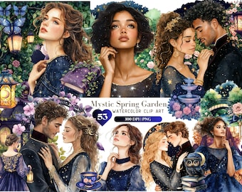 Watercolor Mystic Spring Garden Clipart Bundle, Romantic ClipArt PNG, Night garden Couple, Starry Night Clipart, Digital Download Stickers
