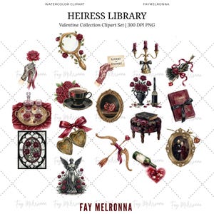 May include: Watercolor clipart set titled "Heiress Library" featuring various Valentine's Day themed illustrations. Includes a magnifying glass, roses, a teacup, a book, a bow and arrow, a cherub statue, and other romantic elements.