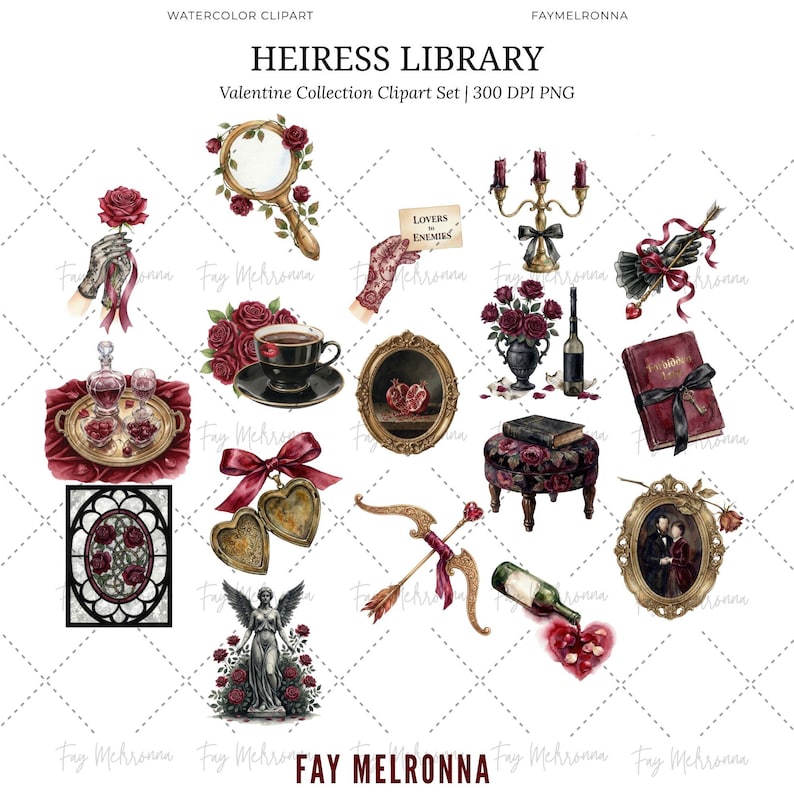 May include: Watercolor clipart set titled "Heiress Library" featuring various Valentine's Day themed illustrations. Includes a magnifying glass, roses, a teacup, a book, a bow and arrow, a cherub statue, and other romantic elements.