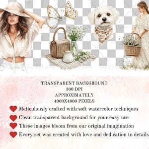 May include: A set of four watercolor illustrations featuring a woman wearing a white dress and a wide-brimmed hat, a white dog wearing a bandana, a basket of flowers, and two butterflies. The illustrations are set against a transparent background.
