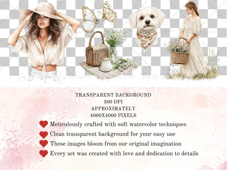 May include: A set of four watercolor illustrations featuring a woman wearing a white dress and a wide-brimmed hat, a white dog wearing a bandana, a basket of flowers, and two butterflies. The illustrations are set against a transparent background.