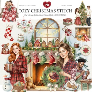 May include: Watercolor clipart set titled "Cozy Christmas Stitch" featuring various holiday elements. The image includes illustrations of people, a fireplace, stockings, a Christmas tree, and a gingerbread house. The color palette is dominated by red, green, and white.