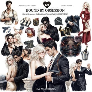 May include: A digital watercolor clipart set titled Bound by Obsession featuring various illustrations of couples in formal attire, handguns, handcuffs, a glass of whiskey, a champagne bucket, and a luxury interior scene with cars and a chandelier.