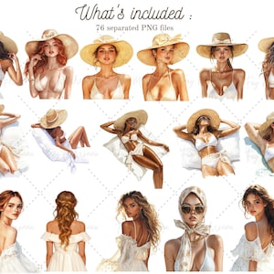 May include: A digital illustration set of 76 images featuring women wearing various summer outfits and hats. The women are depicted in different poses, some are laying down, some are sitting, and some are standing. The illustrations are in a watercolor style and feature a variety of colors, including white, beige, brown, and blue.