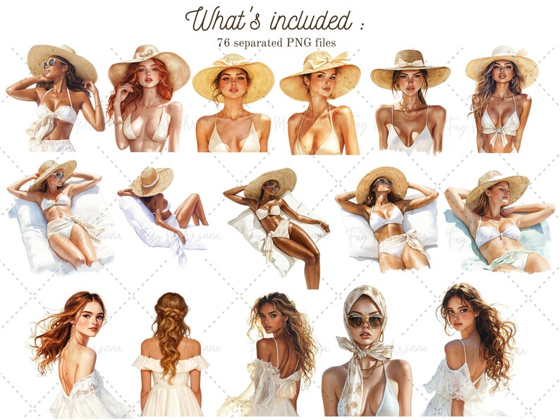May include: A digital illustration set of 76 images featuring women wearing various summer outfits and hats. The women are depicted in different poses, some are laying down, some are sitting, and some are standing. The illustrations are in a watercolor style and feature a variety of colors, including white, beige, brown, and blue.