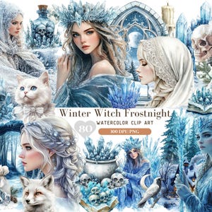 May include: Winter Witch Frostnight Watercolor Clip Art, a collection of 80 digital images featuring a wintery theme with witches, owls, cats, foxes, skulls, crystals, and a cauldron. The images are 300 DPI PNG files.